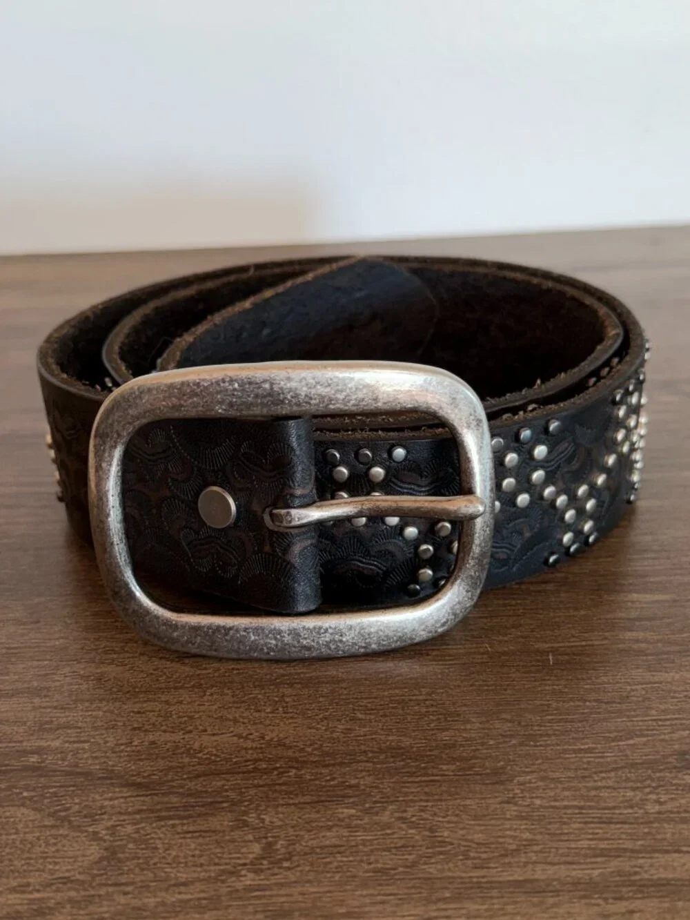 Black Studded Leather Belt with Antique Silver Buckle